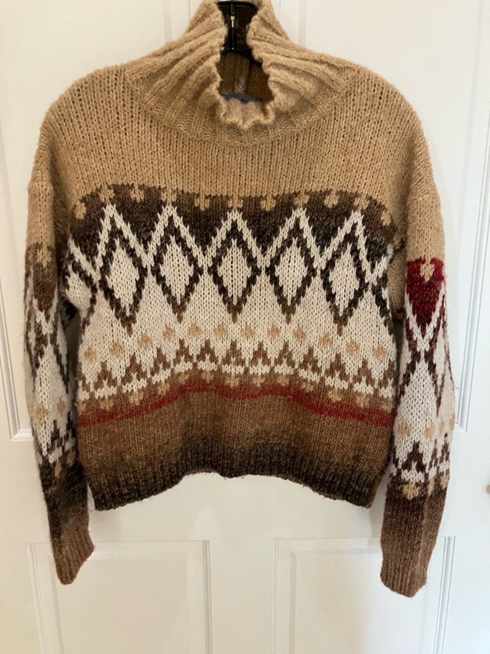 Elsamanda Italy Fair Isle Mock Neck Sweater - Beige with White & Brown Pattern